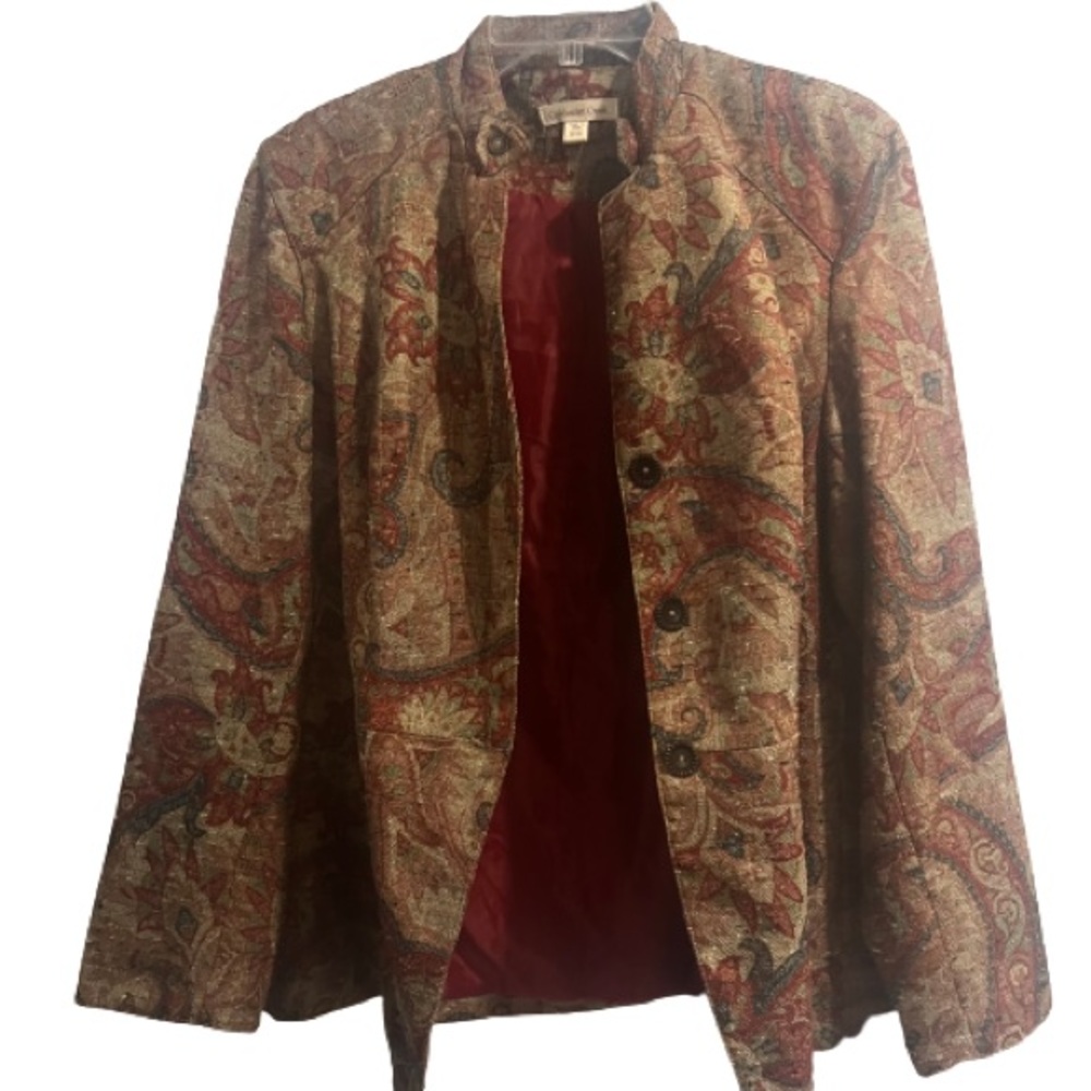 Coldwater Creek Jacket Button Up Mandarin Collar Retro Print Pockets Lined